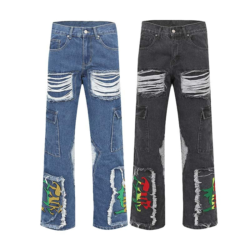 Men's Fashion Vintage Ragged Burlap Letter Embroidered Jeans