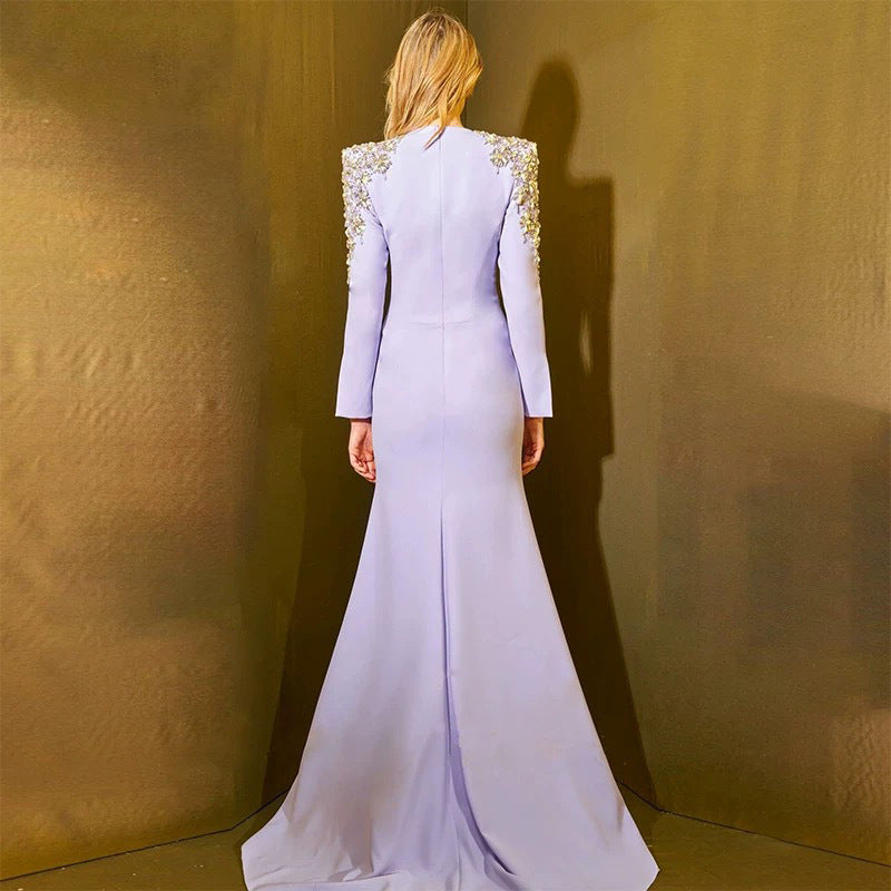 Heavy Industry Beads Diamond Front Slit Small Trailing Dress - globaltradeleader