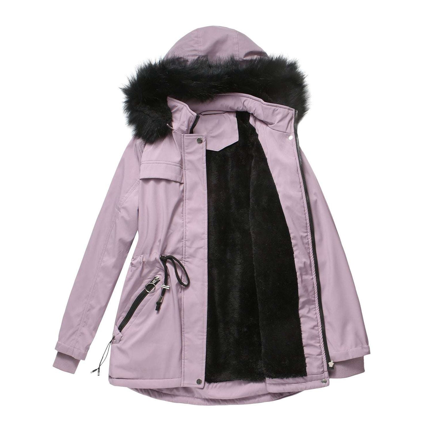 Pure Color Winter Ladies Cotton-padded Coat With Detachable Hood And - globaltradeleader