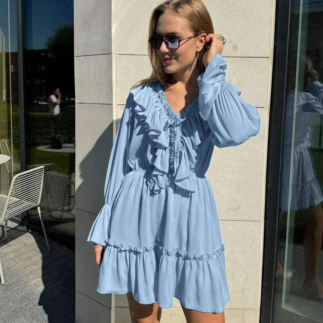 Fashion V Neck Pleated Ruffle Long Sleeve Dress Y2K V Neck Flared Sleeve Short Dress Women's Clothing - globaltradeleader