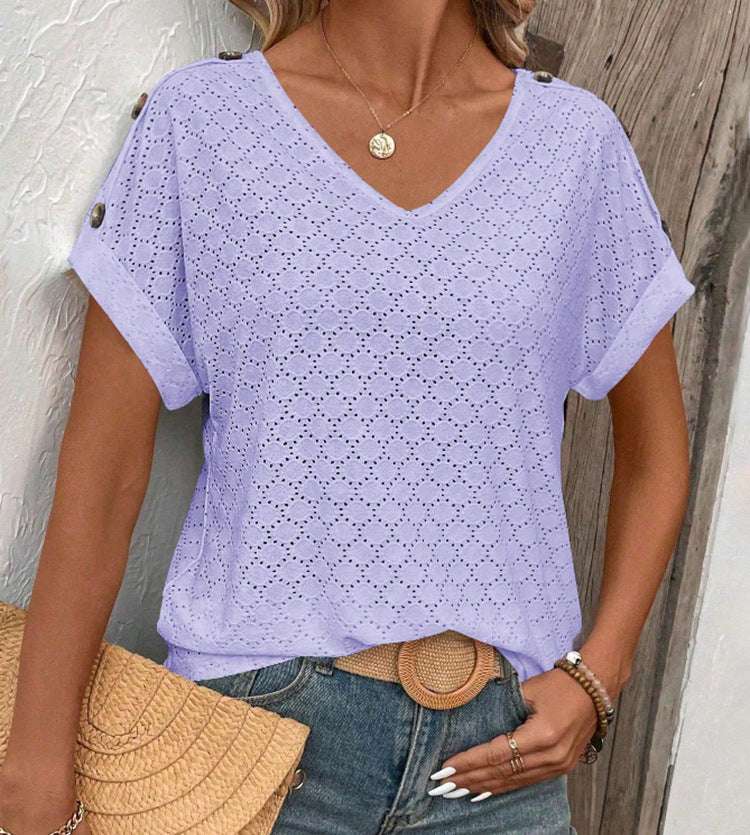 Button Solid Color Circle Loose Short Sleeve T-shirt For Women - globaltradeleader