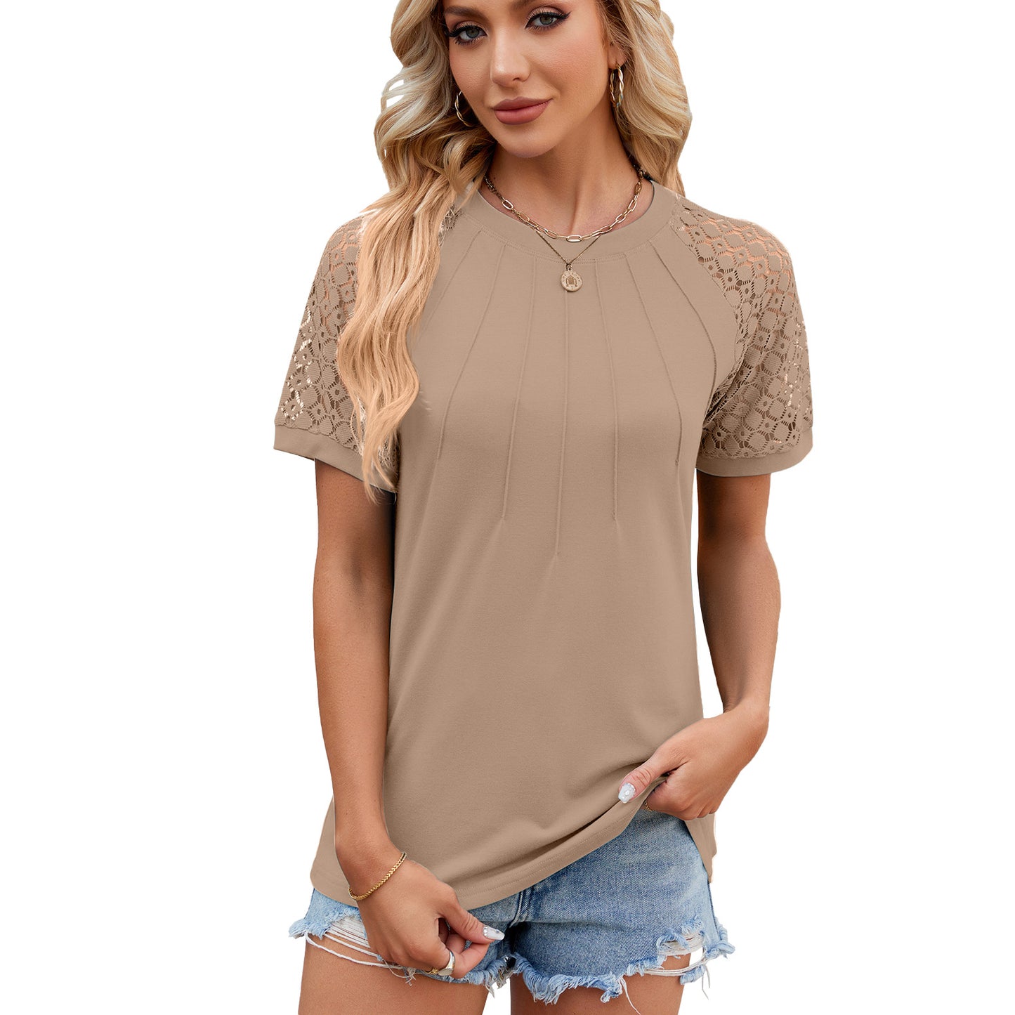 Solid Color Round Neck Top Women's Lace Hollow Design Short Sleeve T-Shirt Summer Womens Clothing - globaltradeleader