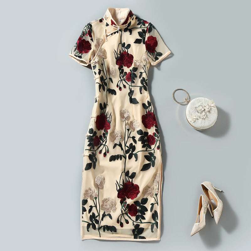 Improved Voile Embroidered Slim Fit Cheongsam Retro Stand Collar Short Sleeve Dress