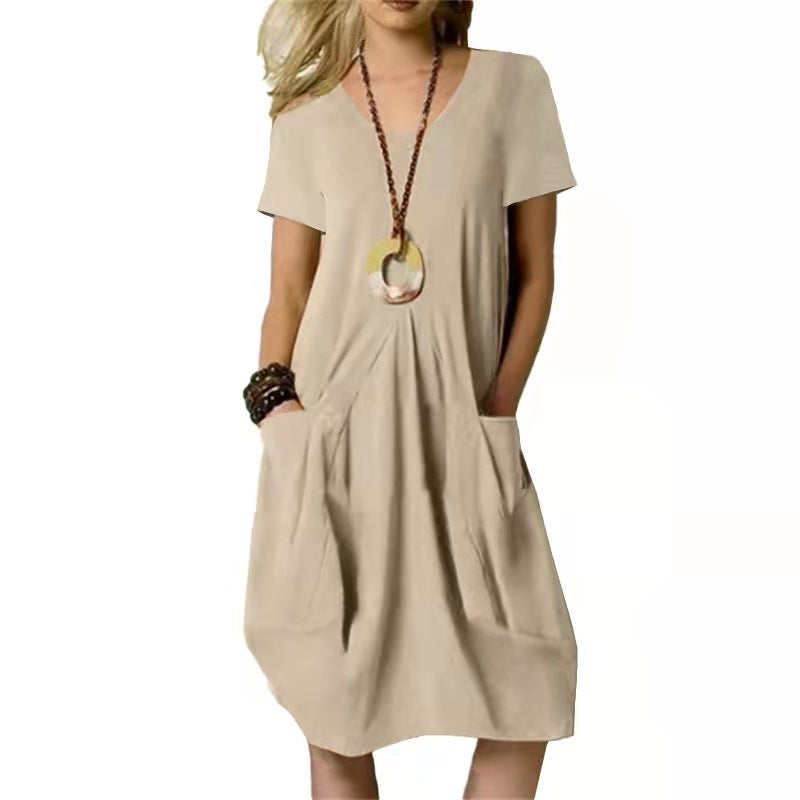 Women's Dress With Pockets Cotton Linen Solid Color Loose Round Neck Short Sleeve Dress Summer - globaltradeleader