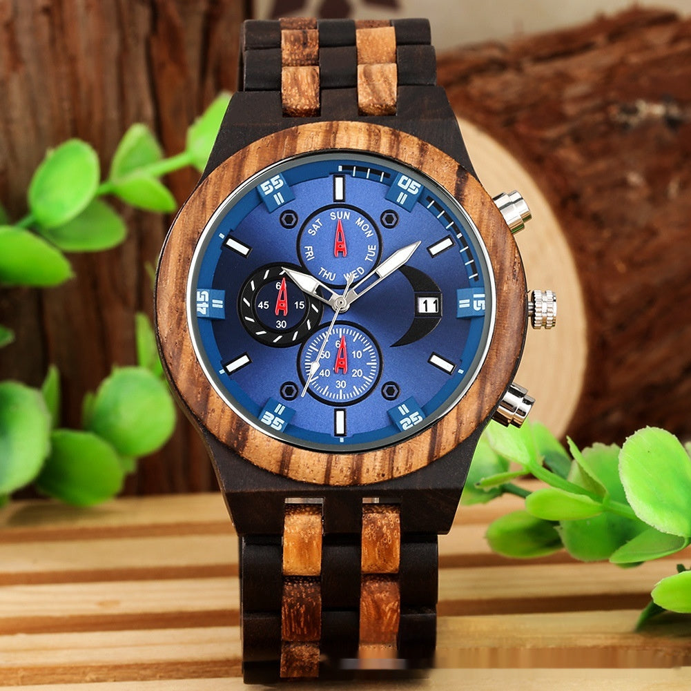 New Multi-functional Calendar Full Wood Band Quartz Watch - globaltradeleader