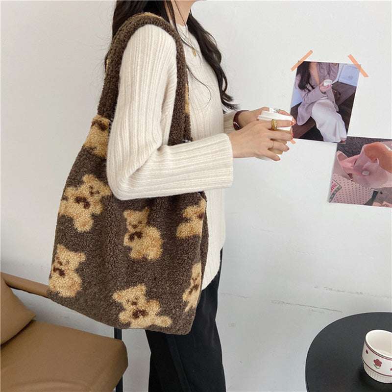 Cute Bear Print Bags Winter Lamb Shoulder Bag Women Shopping Handbags