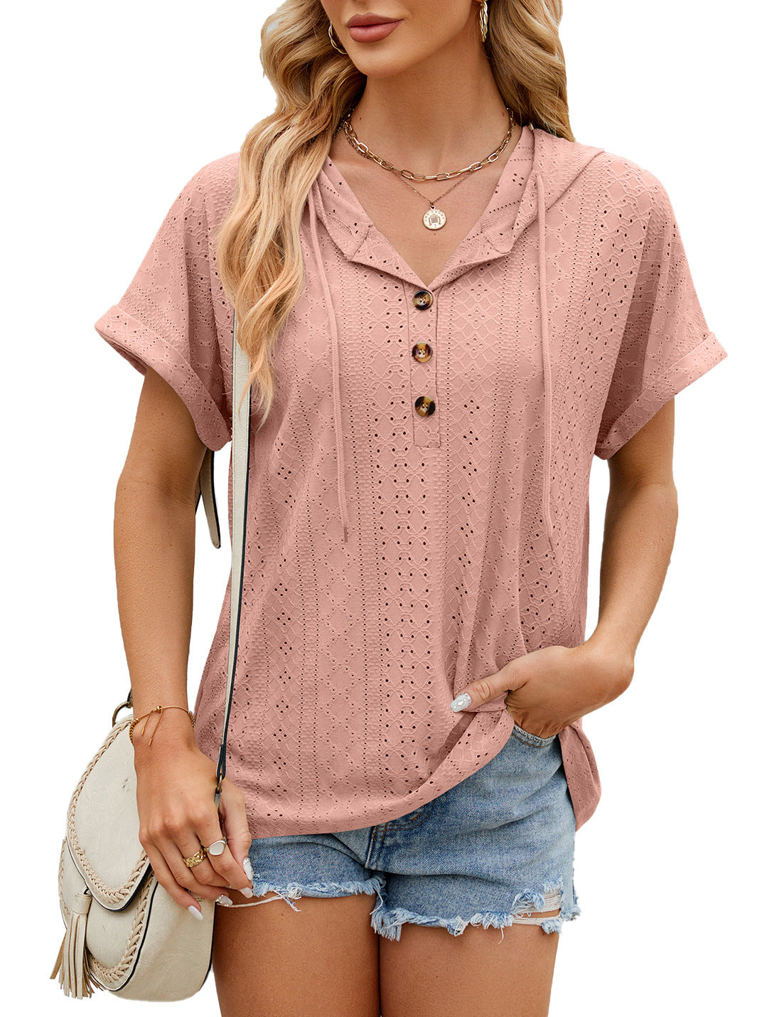 New Solid Color Hooded Button T-shirt Loose Hollow Design Short-sleeved Top For Womens Clothing - globaltradeleader