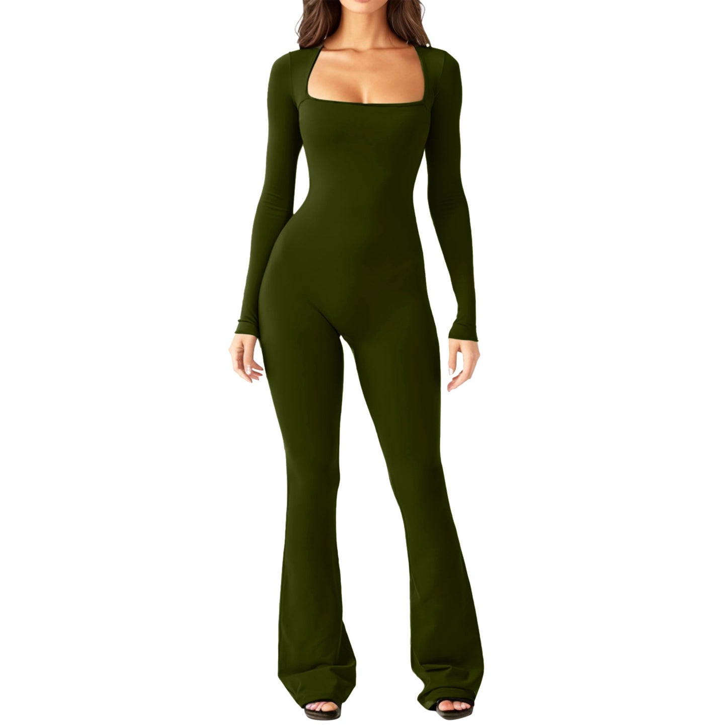 Women Long Sleeve Belly Waist Shaping And Hip Lift Square Collar Wide Leg High Elastic Jumpsuit - globaltradeleader