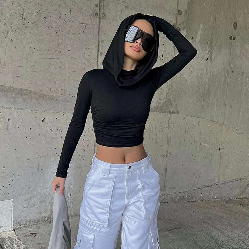 European And American Solid Color Swing Collar Hooded Long Sleeve Skinny Short T-shirt - globaltradeleader