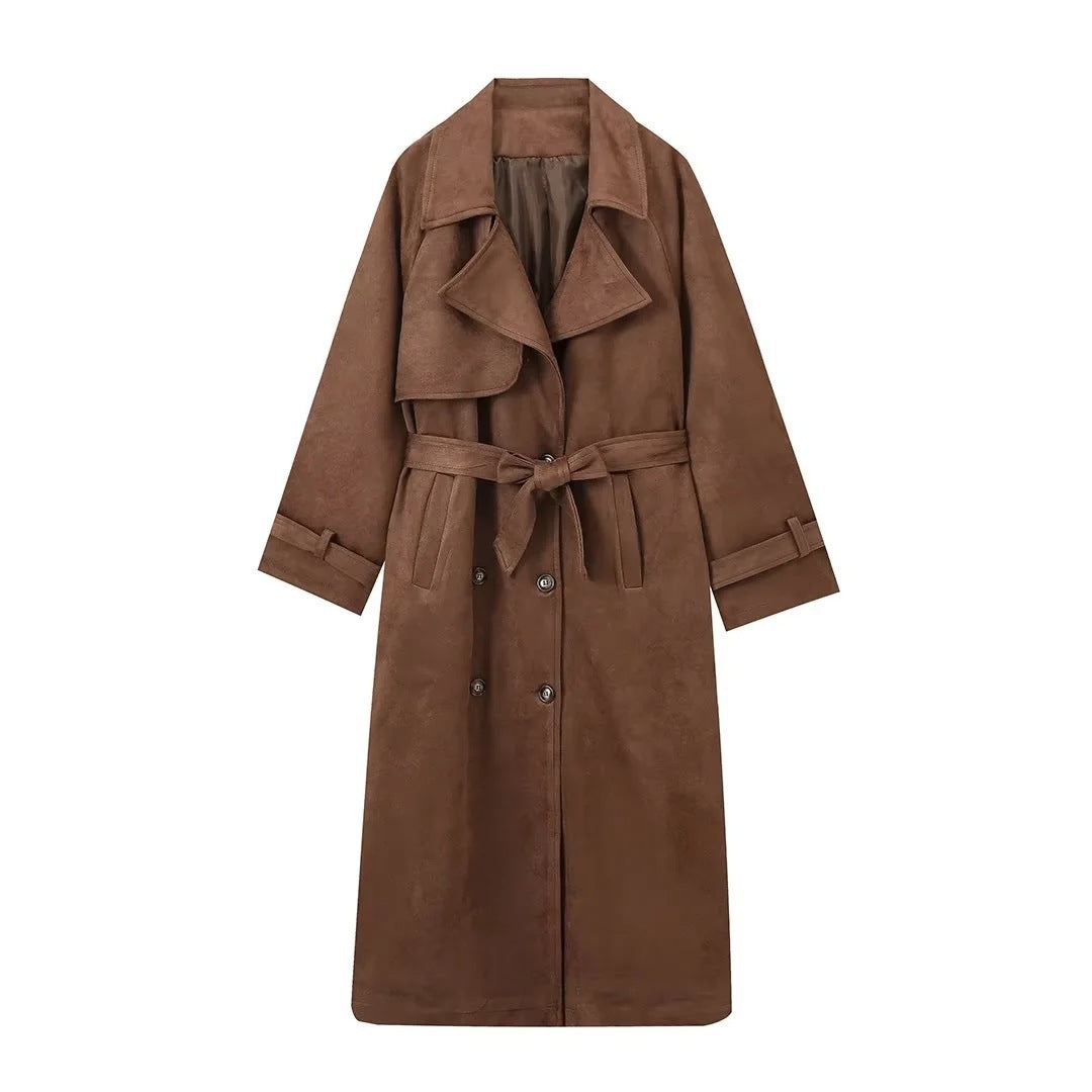 Double Breasted Lapel Shift Coat With Belt Fashion Vintage Suede Long Coat Winter Outwear Women's Clothing - globaltradeleader