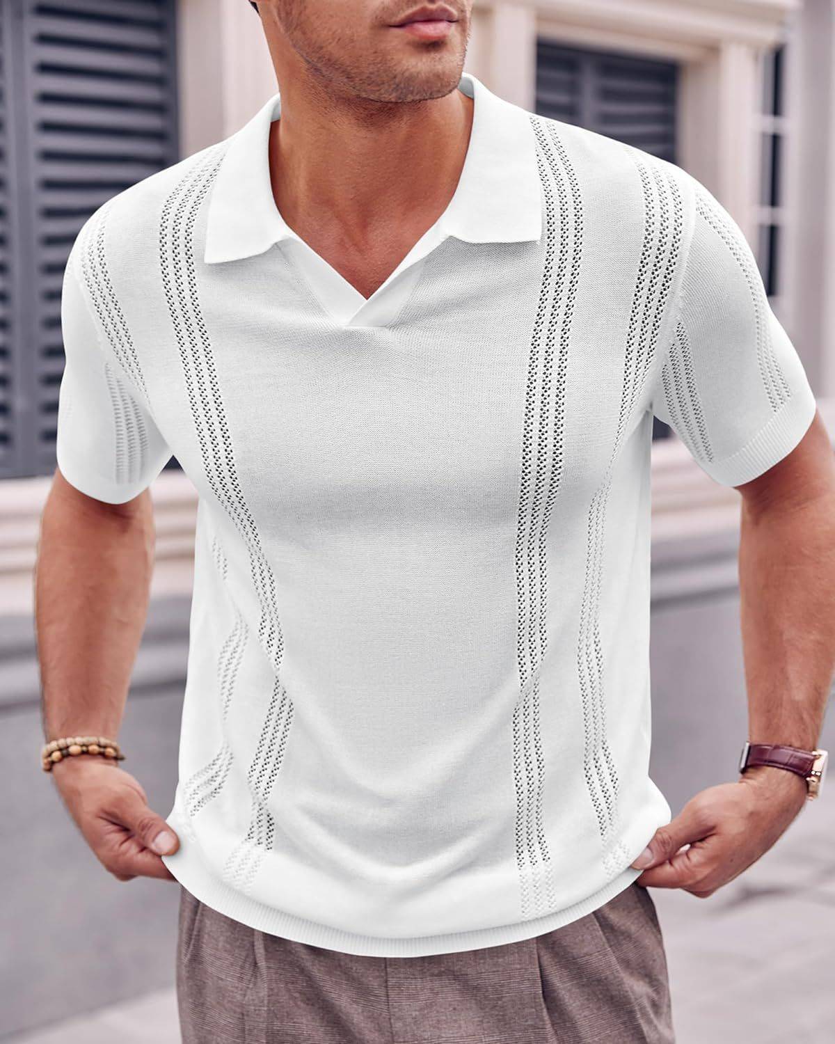 European And American Fashion Men's Knitted Polo Shirt Short Sleeve V-neck Hollow - globaltradeleader