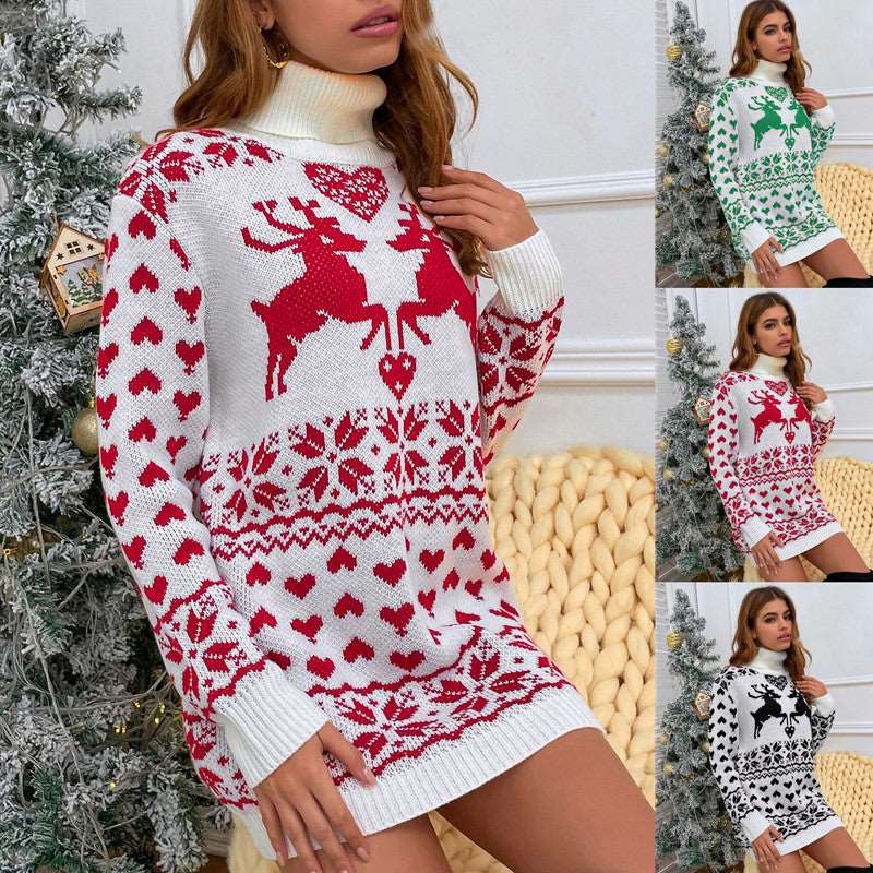 Turtleneck Elk Love Sweater Dress - globaltradeleader