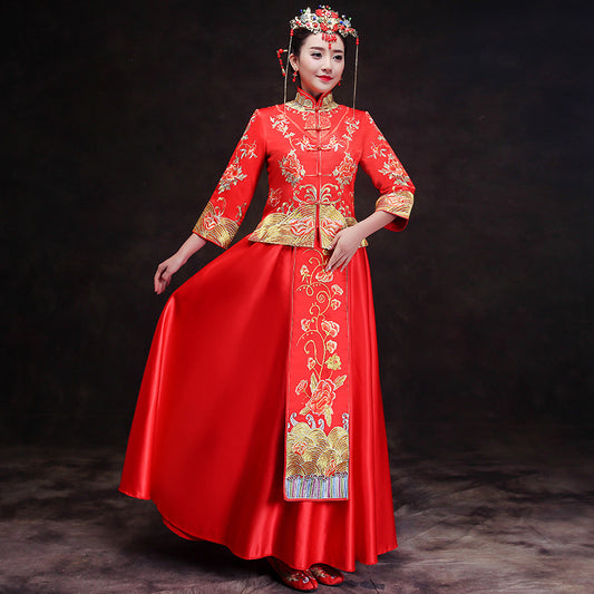 Chinese wedding dress red long cheongsam