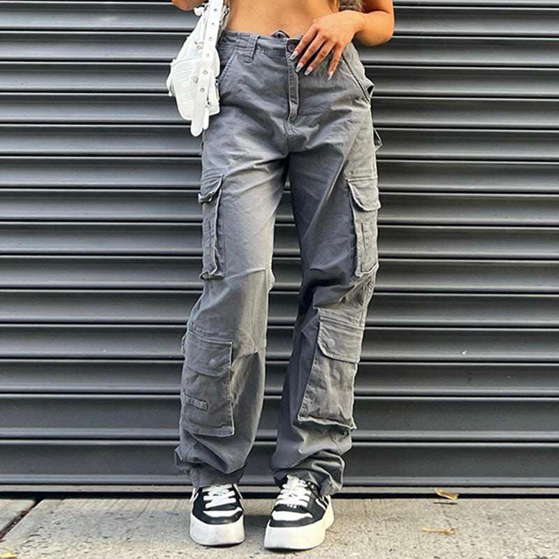 Multi-pocket Gray Straight Loose Jeans Look Slim For Women