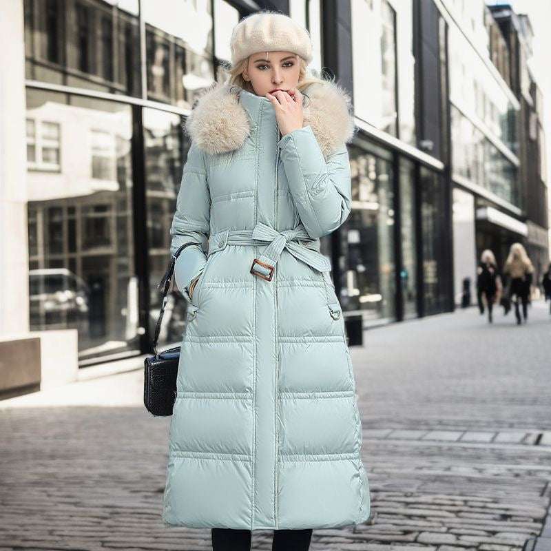 Winter Slim Long Jacket With Fur Hood And Belt Fashion Solid Hooded Coat Warm Clothing For Women - globaltradeleader