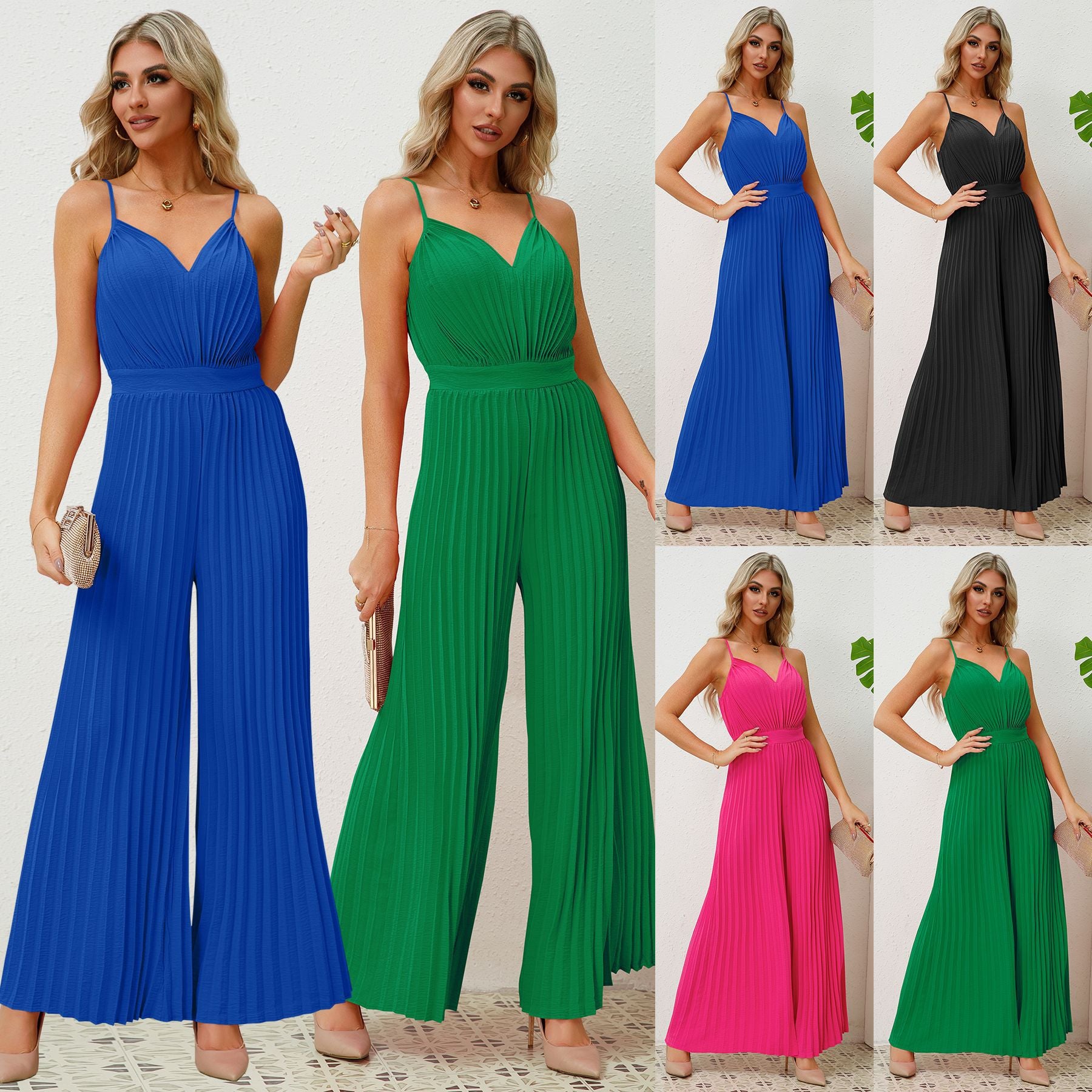 V-neck Suspender Pleated Jumpsuit Solid Color Loose Straight Pants Womens Clothing - globaltradeleader