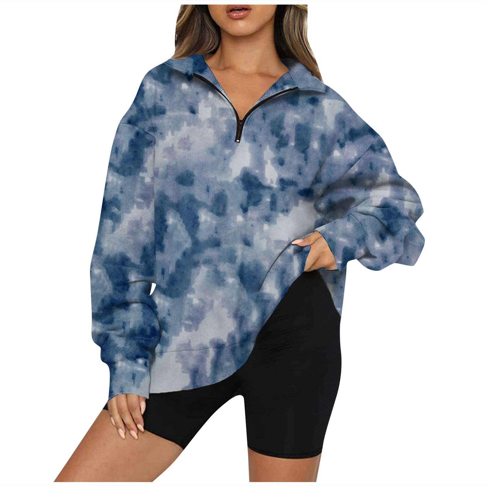 Tie Dye Printed Zippered Lapels Sweatshirt Womens Clothing Long Sleeve Loose Pocketless Top - globaltradeleader