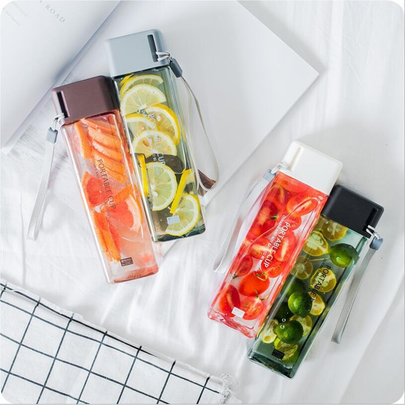 480 ml Creative Square Water Bottle Portable Anti-fall Hand Cup Plastic Transparent Sports Travel Bottle leakproof