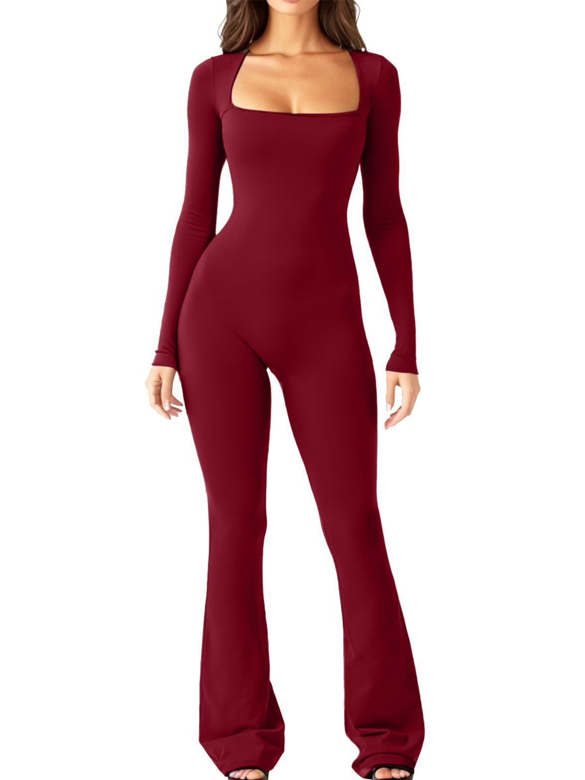 Women Long Sleeve Belly Waist Shaping And Hip Lift Square Collar Wide Leg High Elastic Jumpsuit - globaltradeleader