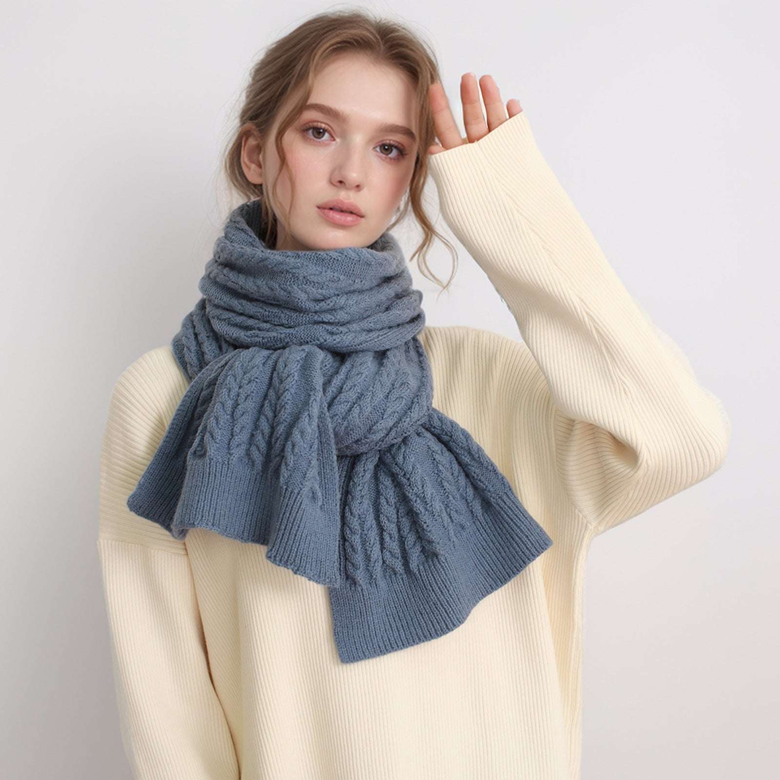 European And American Autumn And Winter Thickening Warm Wool Scarf Artificial Cashmere Solid Color Texture Knitted Scarf