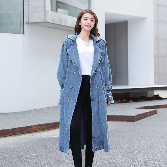 Loose Mid-length Coat With Belt Double Breasted Denim Women's Windbreaker - globaltradeleader