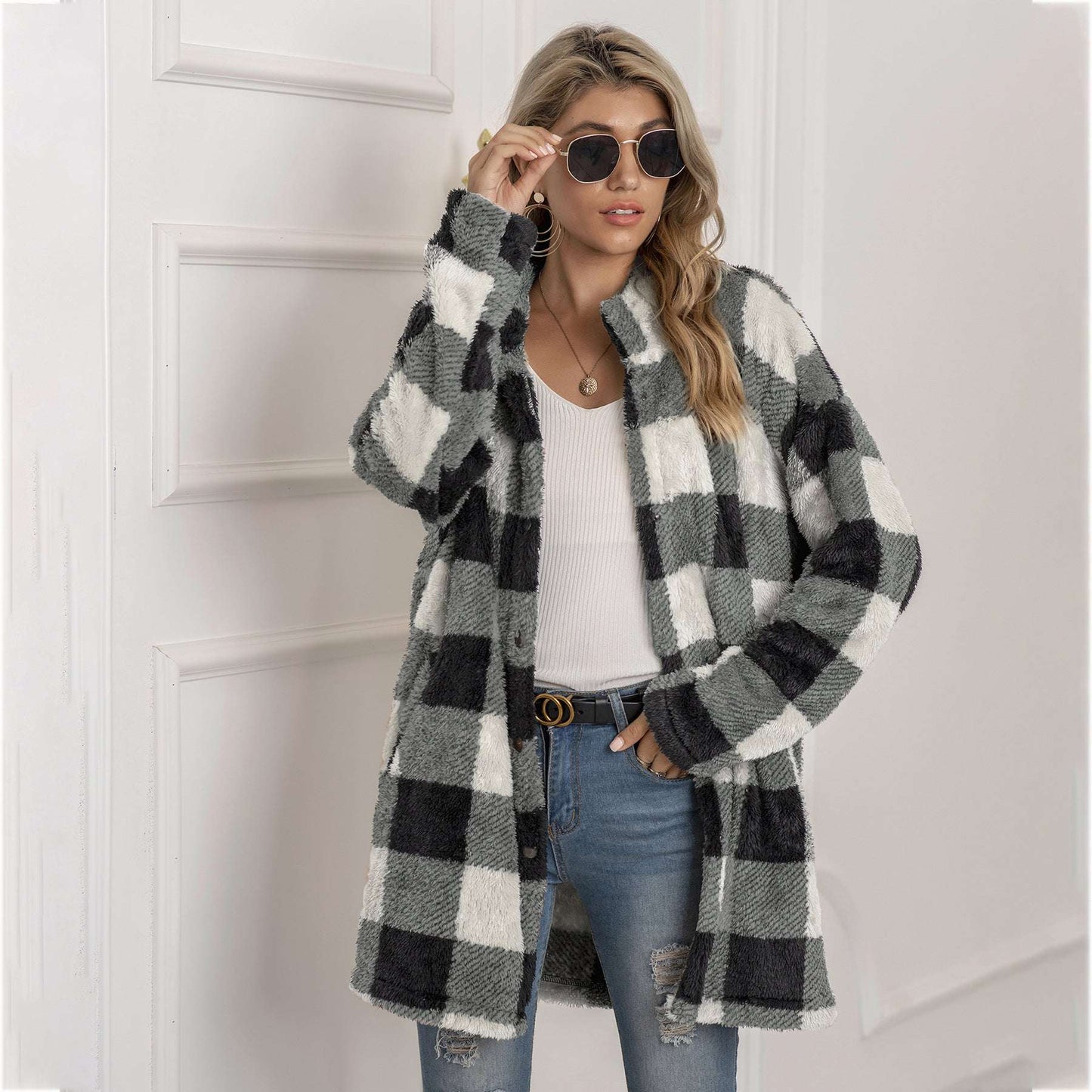 Colorblock Plaid Fleece Jacket Fashion Single Breasted Long Jacket Women's Clothing - globaltradeleader