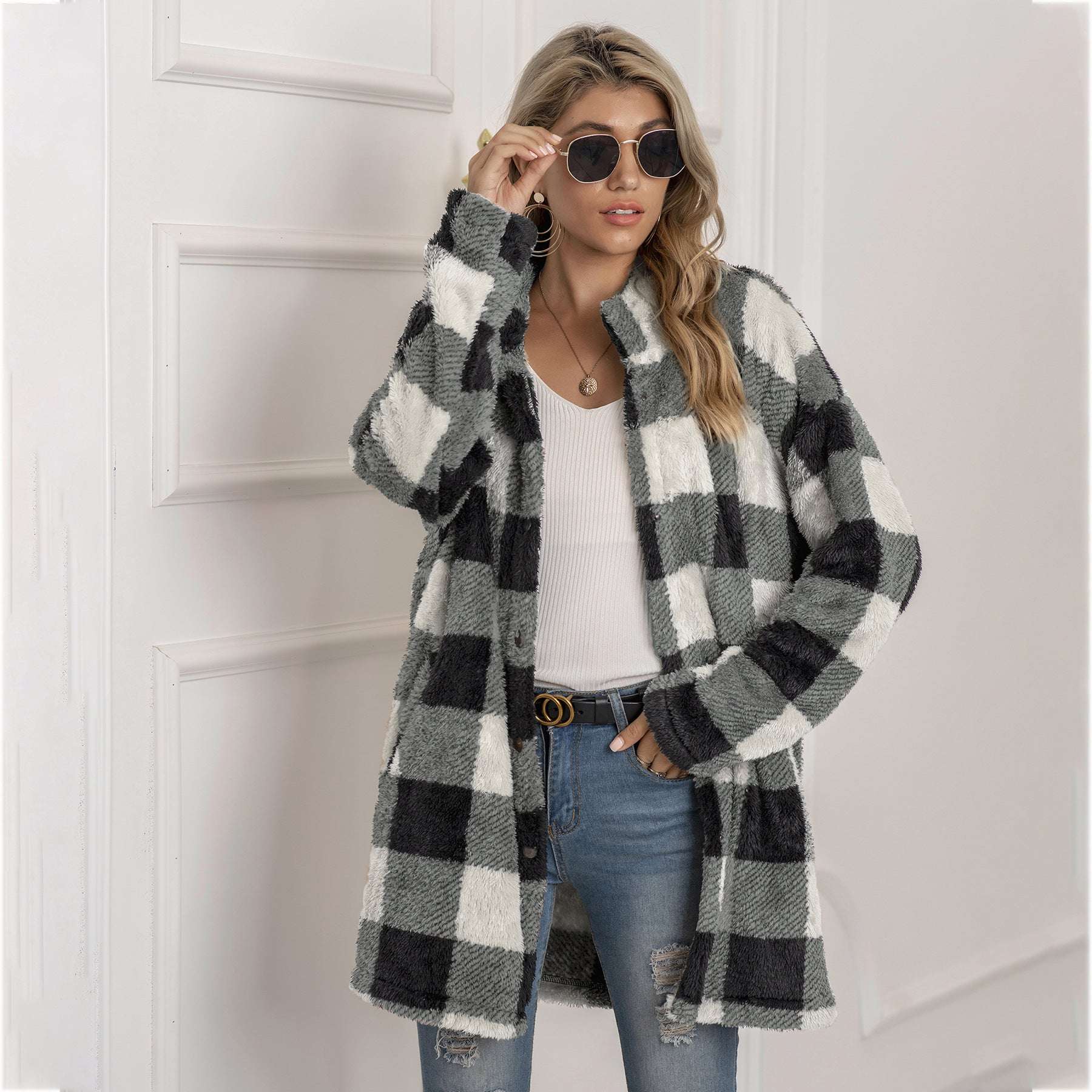 Colorblock Plaid Fleece Jacket Fashion Single Breasted Long Jacket Women's Clothing - globaltradeleader