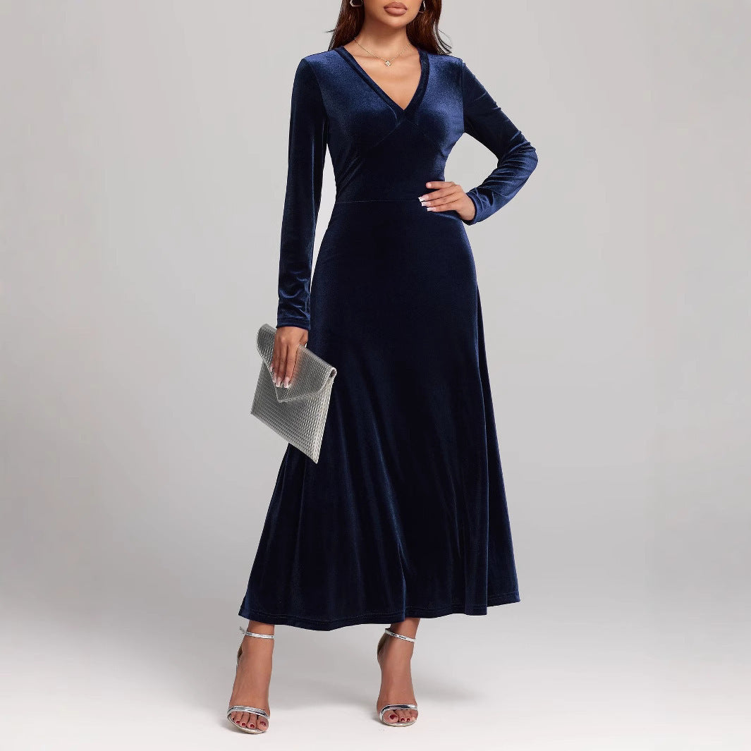 V-neck Long Sleeve Evening Dress Pleuche Dress - globaltradeleader