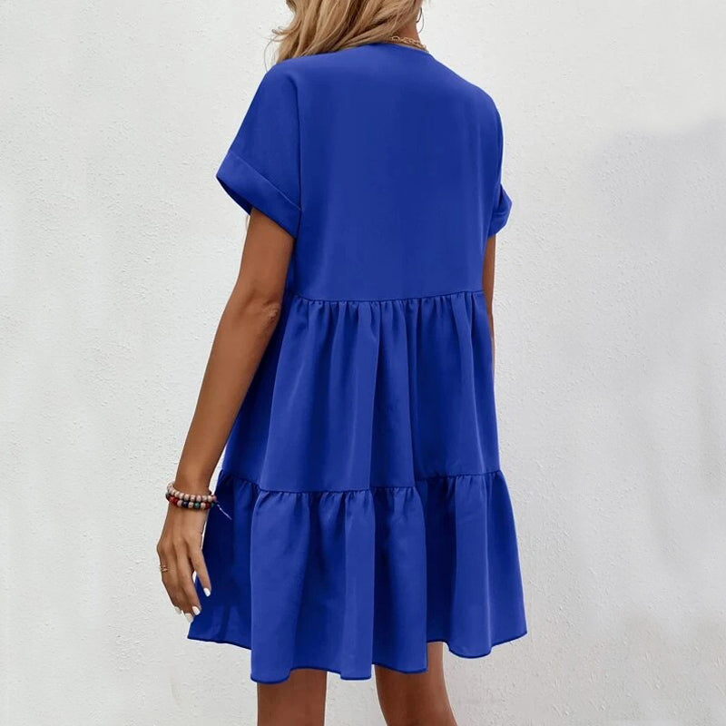 New Short-sleeved V-neck Dress Summer Casual Sweet Ruffled Dresses Solid Color Holiday Beach Dress For Womens Clothing - globaltradeleader