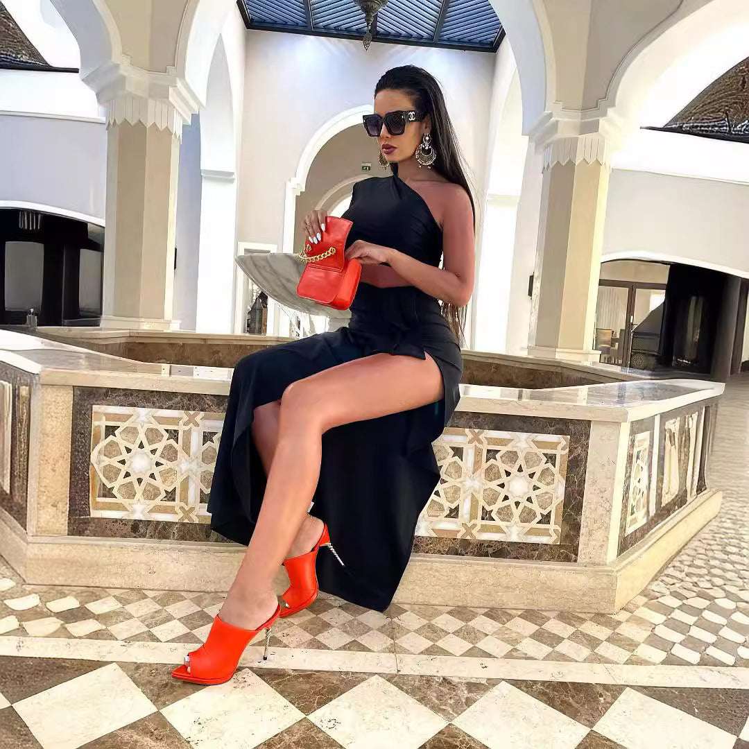 Women's Long Sleeved Hollow Slit Elastic Sloping Shoulder Dress - globaltradeleader