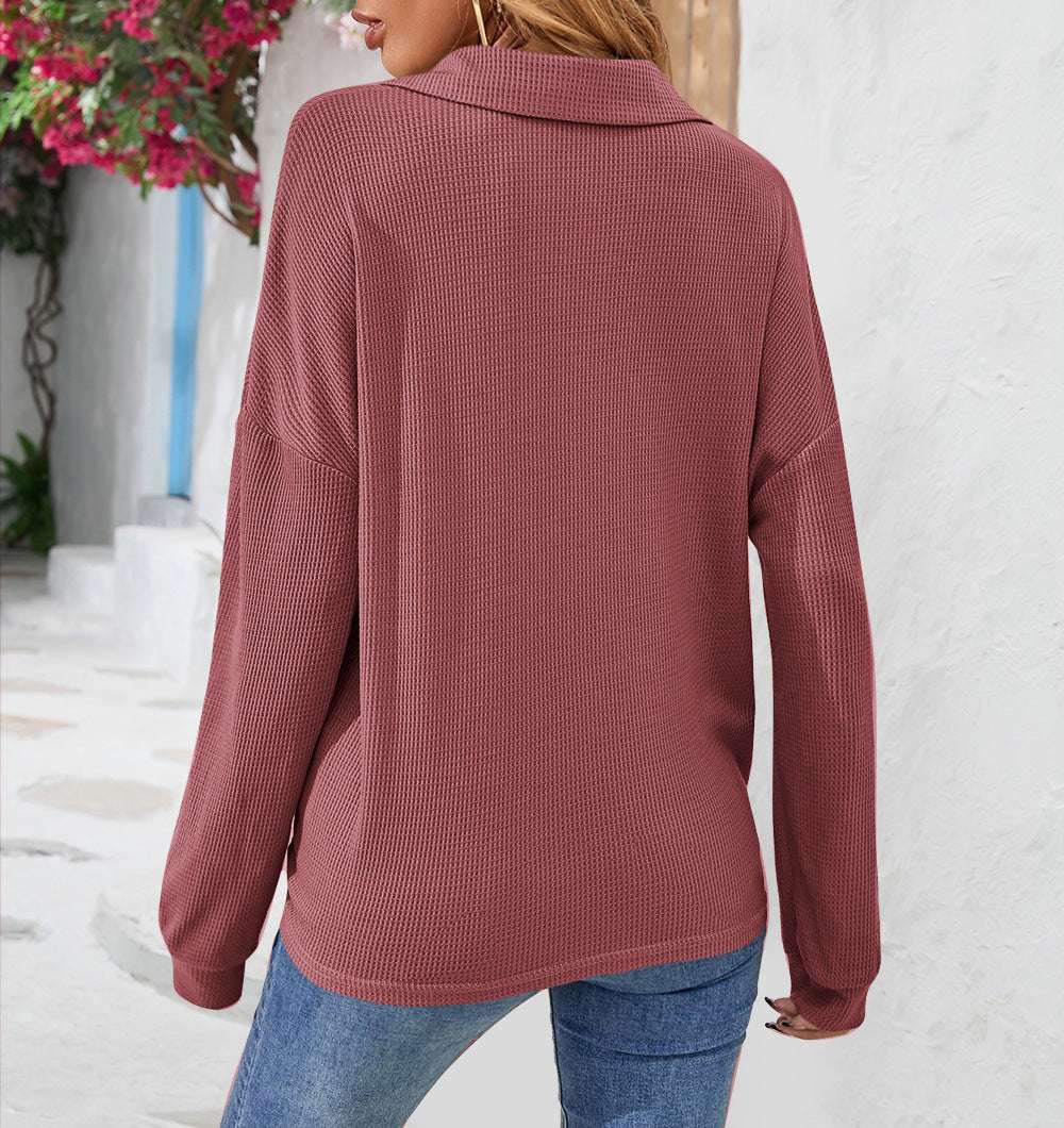 Fashion Lapel Button Sweatshirt Casual Loose Solid Color Long Sleeve Pullover T-shirt Top Womens Clothing - globaltradeleader