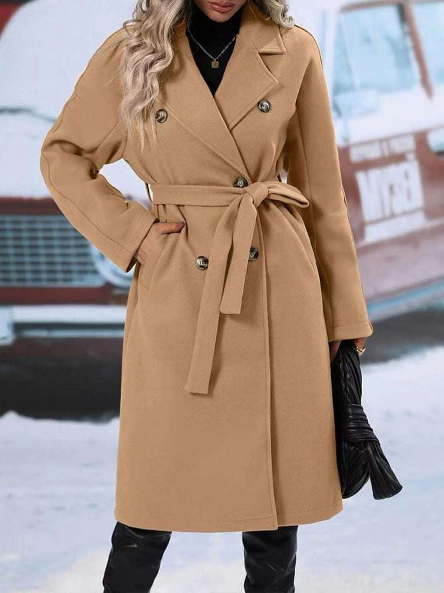 Lapel Double-breasted Trench Coat With Belt Winter Fashion Solid Color Long Jacket Outwear Women Clothing - globaltradeleader