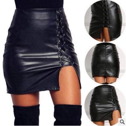 Black Lace Up PU Leather Skirts - globaltradeleader