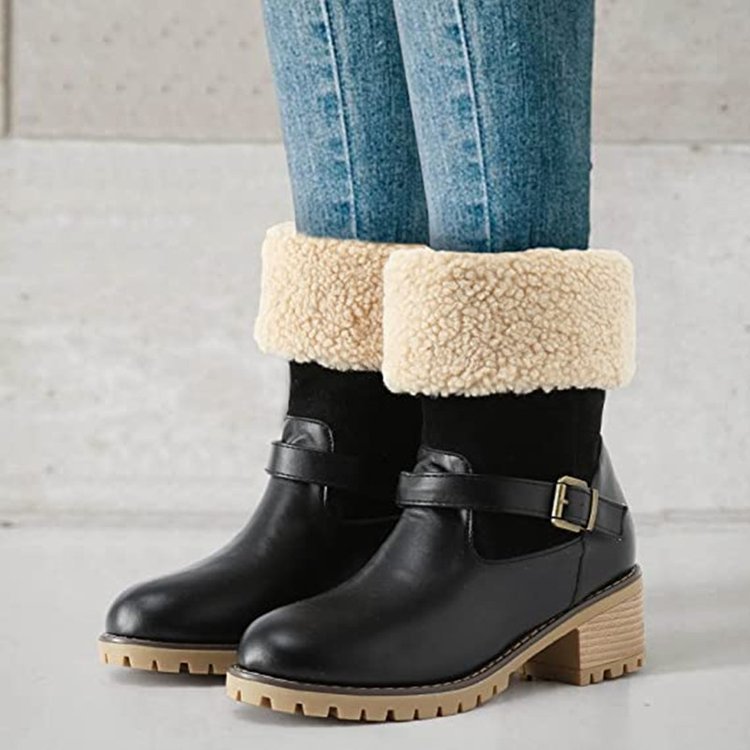 Fashion Boots With Buckle Chunky Heel Shoes Warm Winter Round Toe Western Boots For Women - globaltradeleader