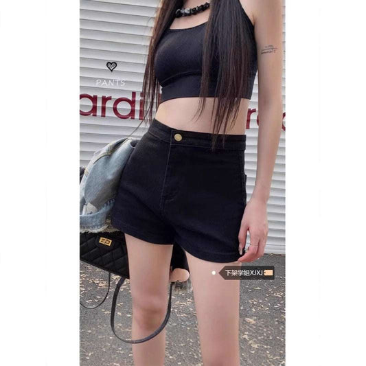 Black Denim Shorts High Waist Slimming Hot Pants - globaltradeleader
