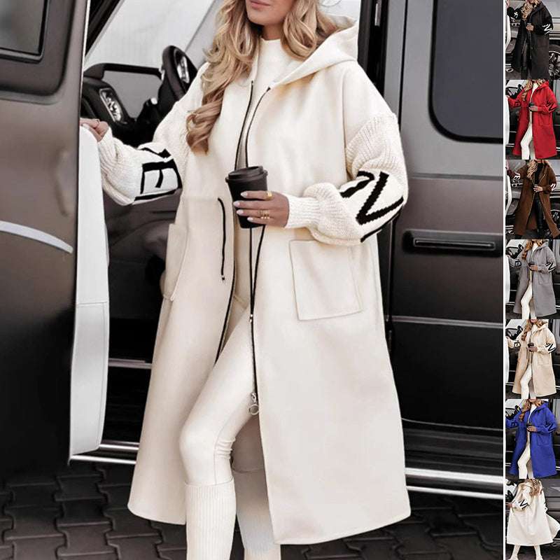 Hooded Windbreaker Long Jacket With Pockets And Drawstring Design Solid Color Knit-Sleeved Trench Coat For Women Clothing Fall Winter - globaltradeleader