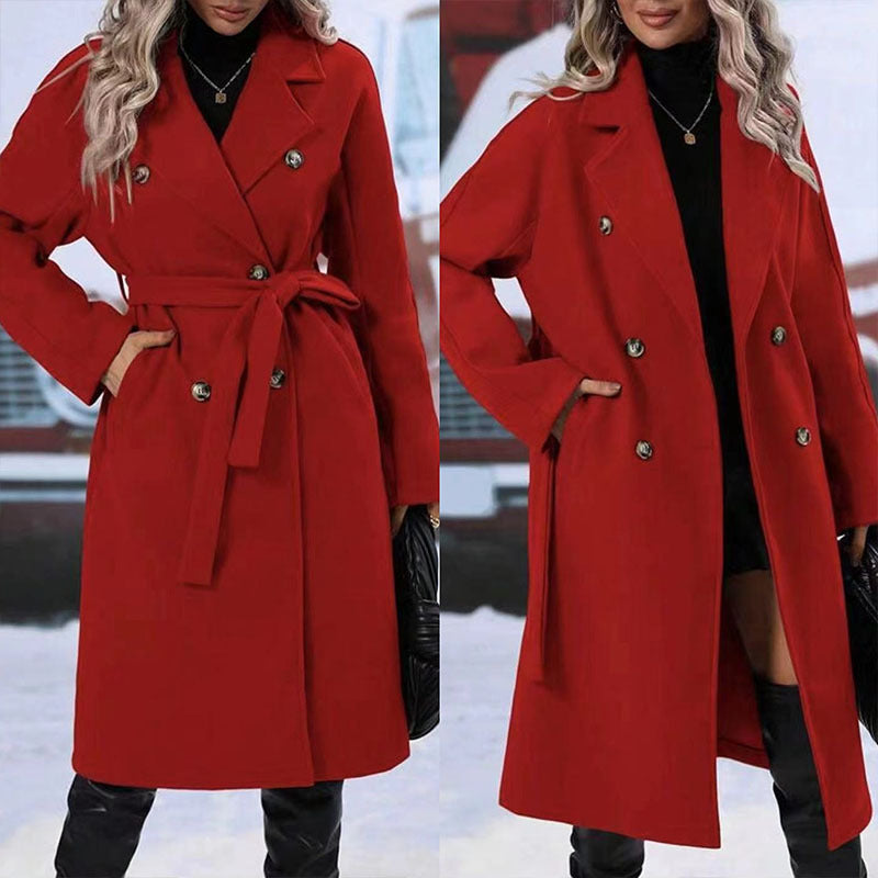 Lapel Double-breasted Trench Coat With Belt Winter Fashion Solid Color Long Jacket Outwear Women Clothing - globaltradeleader