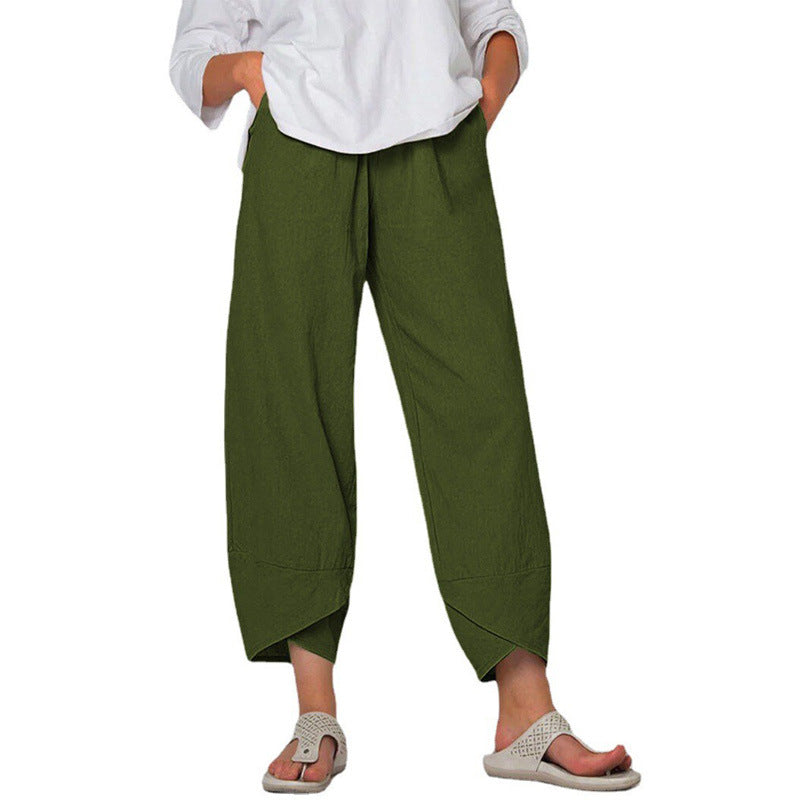 Cotton And Linen Wide Leg Pants Solid Color High Waist Loose Casual Trousers For Women - globaltradeleader