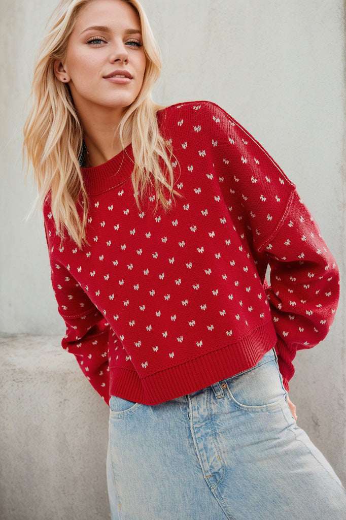 Women's Fashion Round Neck Sweater Short Loose Heart Pullover Sweater