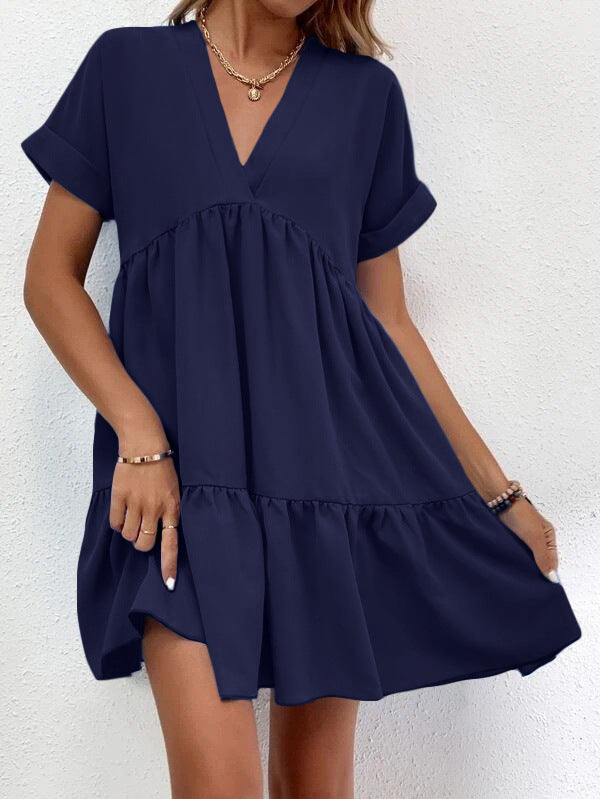 New Short-sleeved V-neck Dress Summer Casual Sweet Ruffled Dresses Solid Color Holiday Beach Dress For Womens Clothing - globaltradeleader