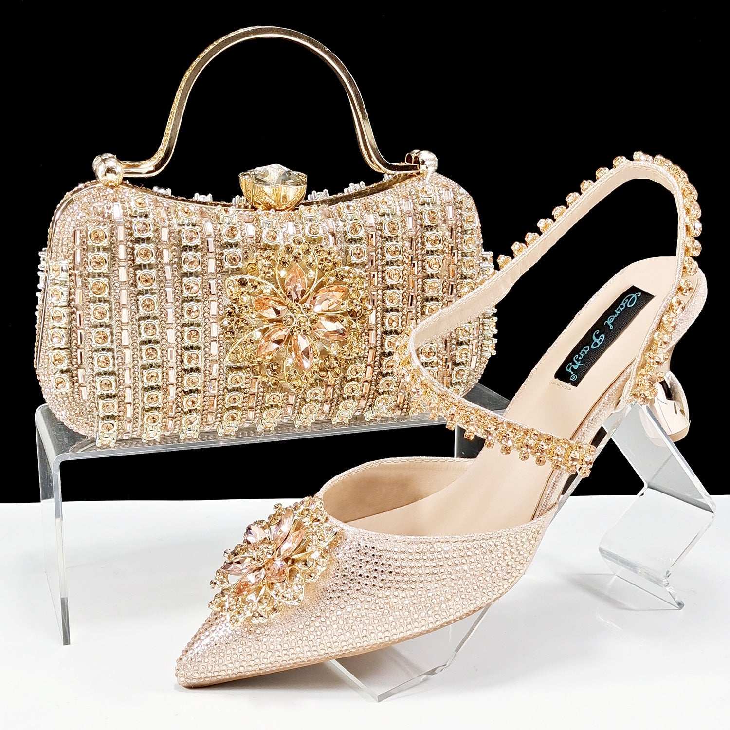 Sexy Women's Shoes And Bags Suit Drill Buckle Flower Decorative Ankle Drill Chain With Hard Clutch - globaltradeleader