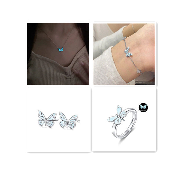 Fashion Blue Luminous Butterfly Necklace Bracelet Set For Glow In The Dark Women Clavicle Chain Choker Party Jewelry Set Gift - globaltradeleader