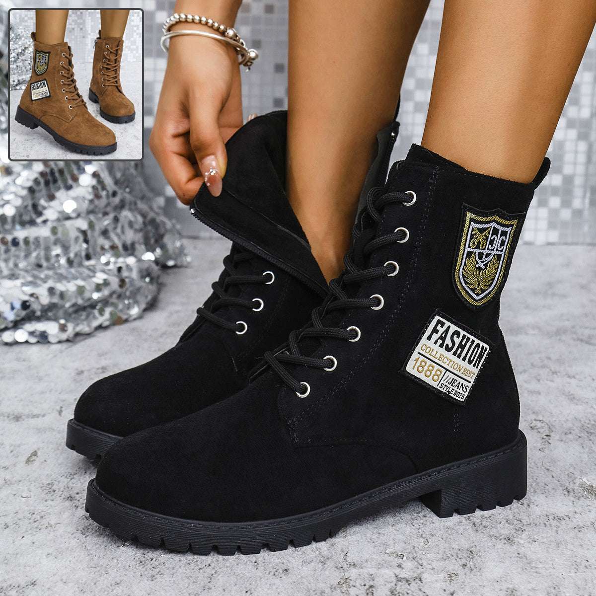 Fashion Lace-up Chunky Heels Boots Winter Round Toe Shoes For Women - globaltradeleader