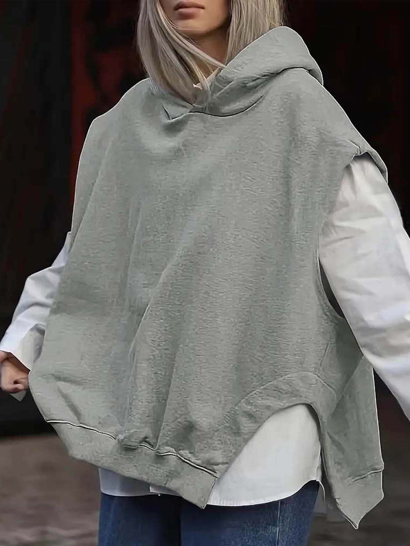 Women's Solid Color Style Loose Sleeveless Hooded Jacket Sweater - globaltradeleader