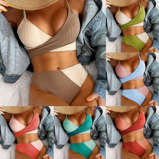 Bikini Patchwork Swimwear Ribbed Women's Swimsuit Knot Back Beachwear Ruched Butt Biquinis Bathing Suits - globaltradeleader