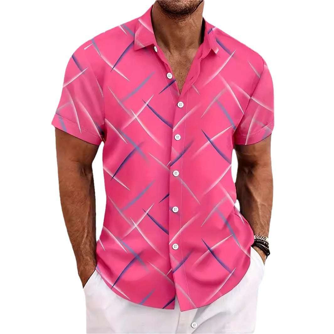Summer New Men's Striped Feather Casual Beach Short Sleeve Button Shirt - globaltradeleader