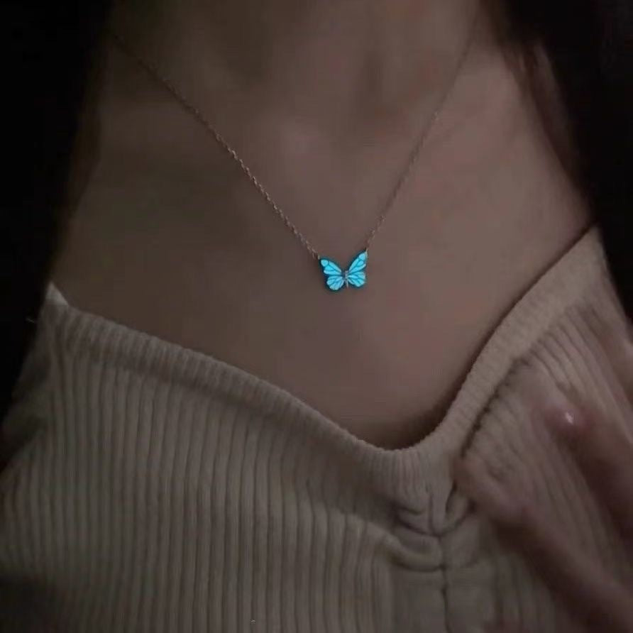 Fashion Blue Luminous Butterfly Necklace Bracelet Set For Glow In The Dark Women Clavicle Chain Choker Party Jewelry Set Gift - globaltradeleader
