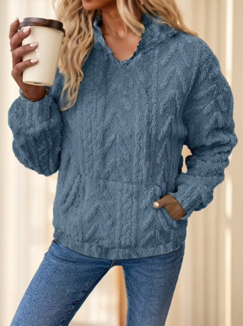 Olid Teddy Bear Textured Hoodie Casual Long Sleeve Kangaroo Pocket Hoodie Sweatshirt - globaltradeleader