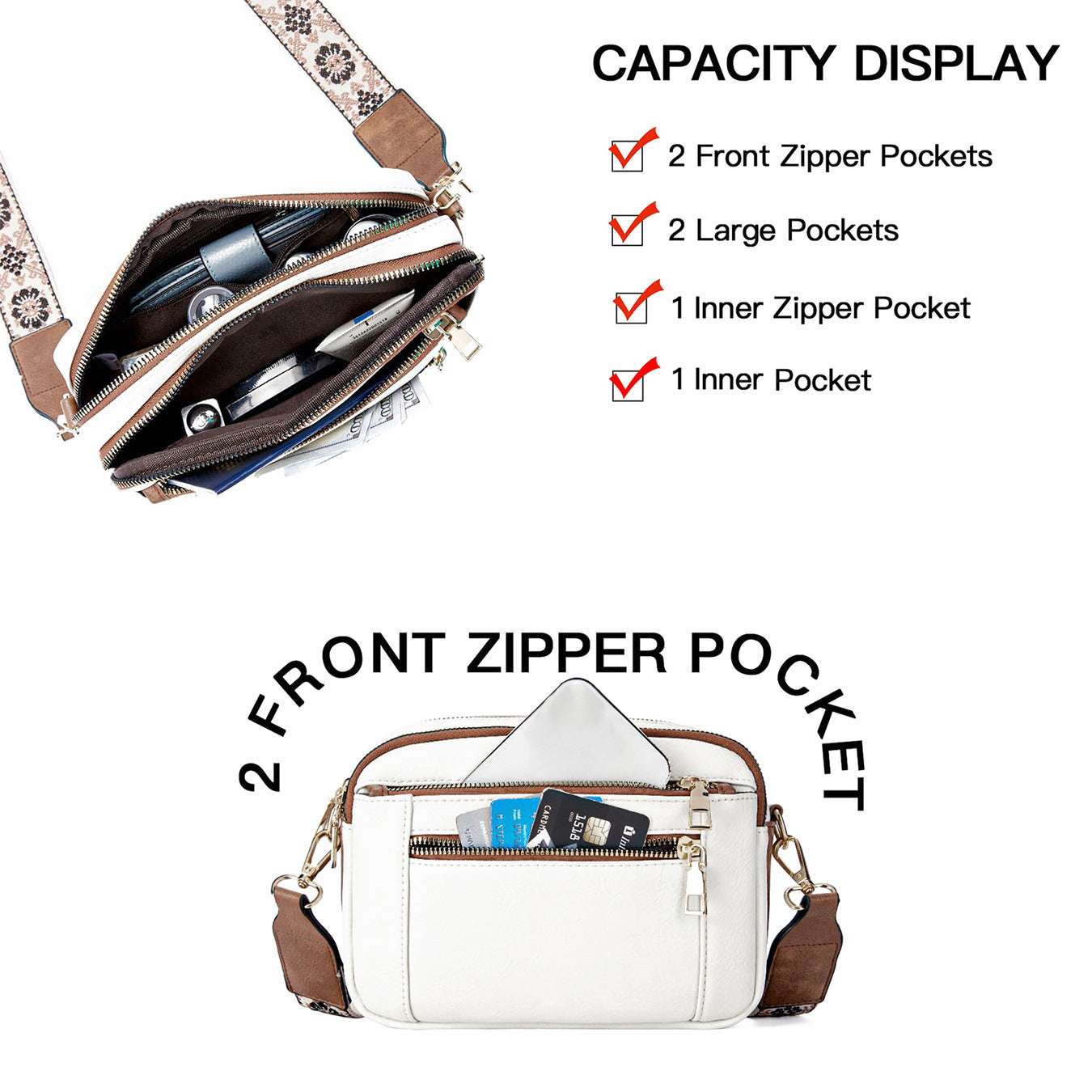 Triple-zipper Shoulder Bag With Floral Embroidered Straps Fashion Colorblock Multi-functional Crossbody Bags For Women - globaltradeleader