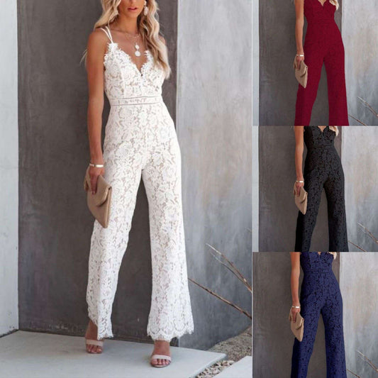 Solid Color Lace Stitching Sleeveless Casual Suspender Jumpsuit - globaltradeleader